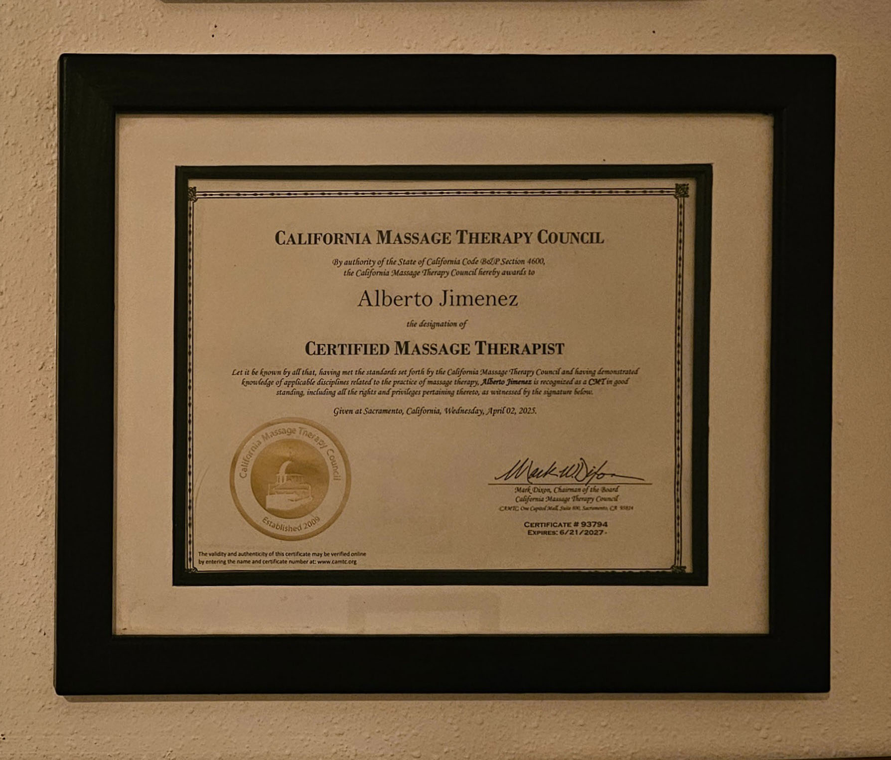 CAMTC massage therapy certificate