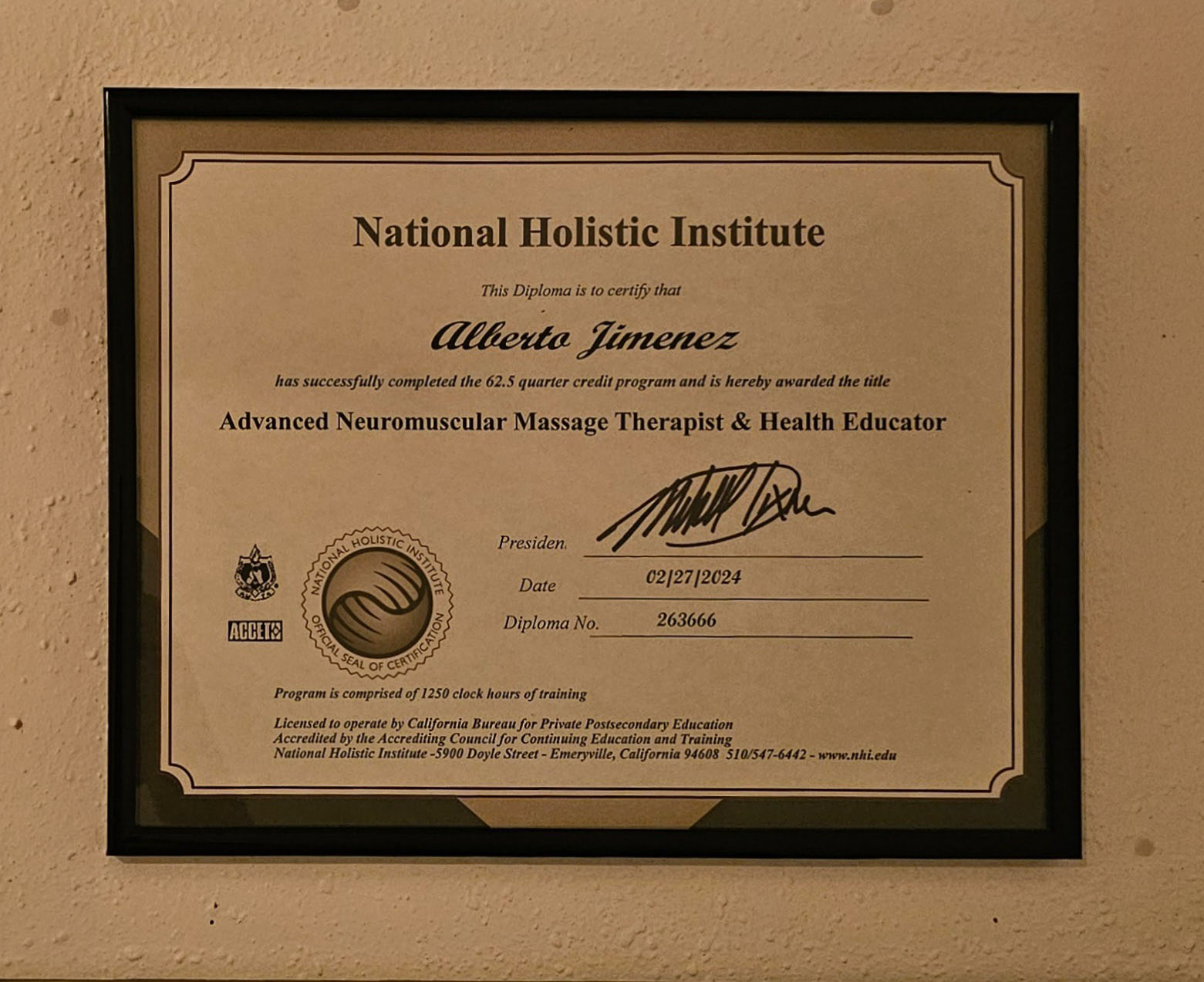 National Holistic Institute diploma
